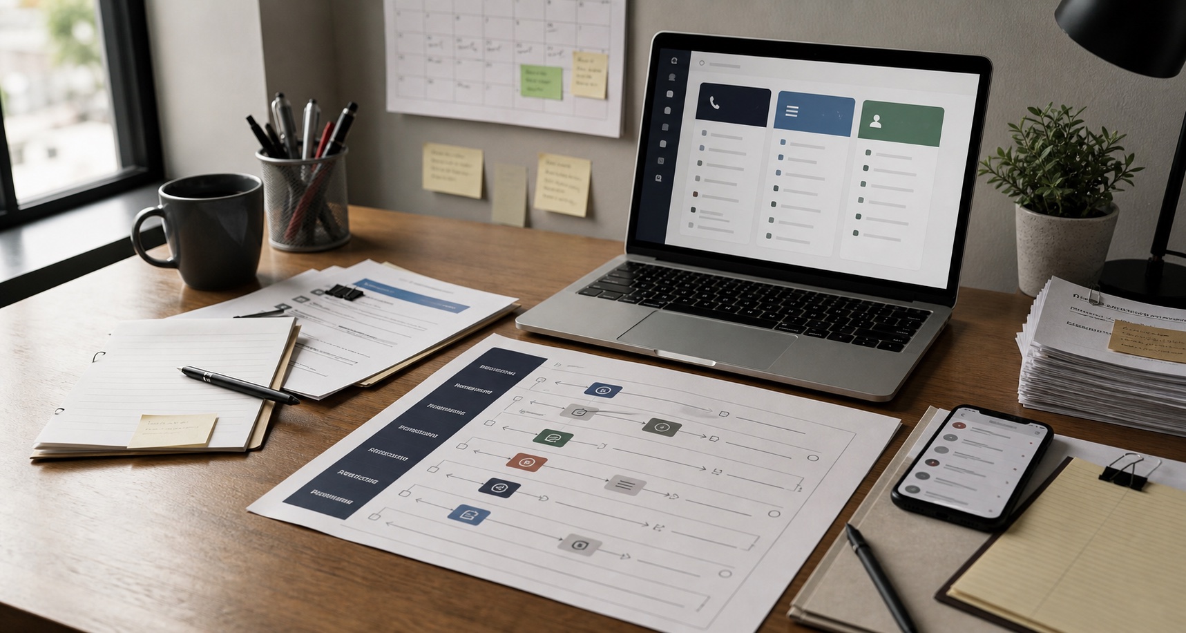 Desk with workflow checklist, laptop dashboard, phone, and operations notes